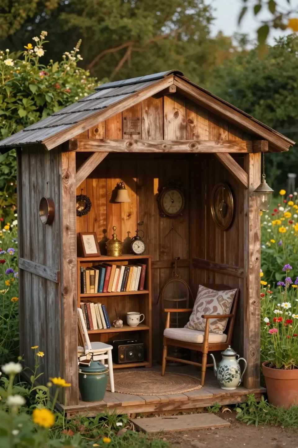 Rustic wooden shed with vintage decor and cozy reading nook in a green backyard.