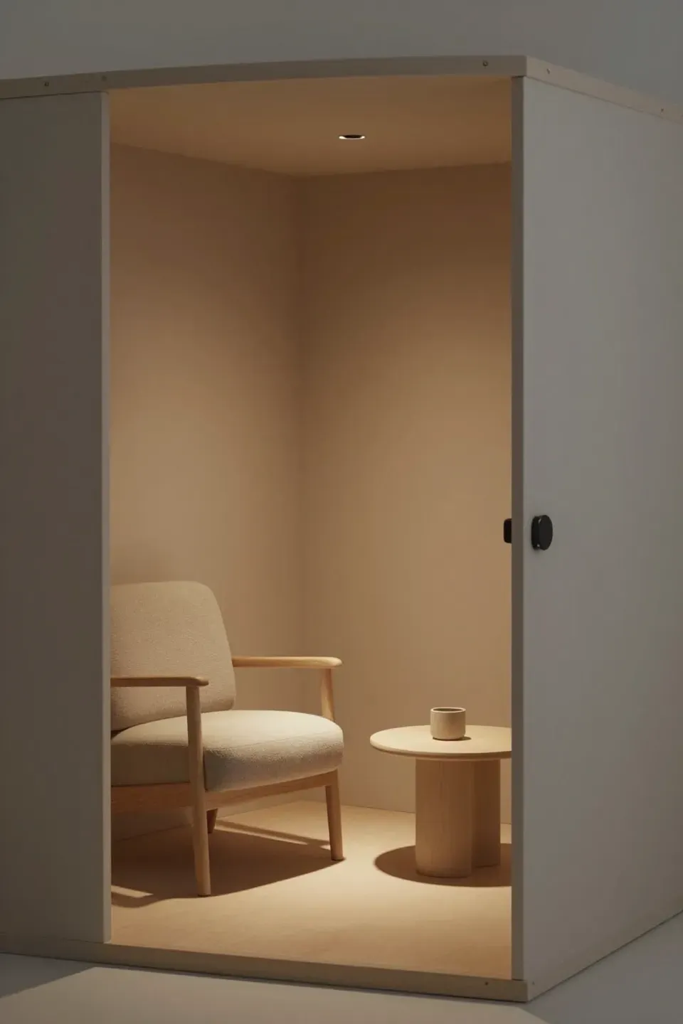 Minimalist she shed interior with a cozy reading nook and soft lighting.