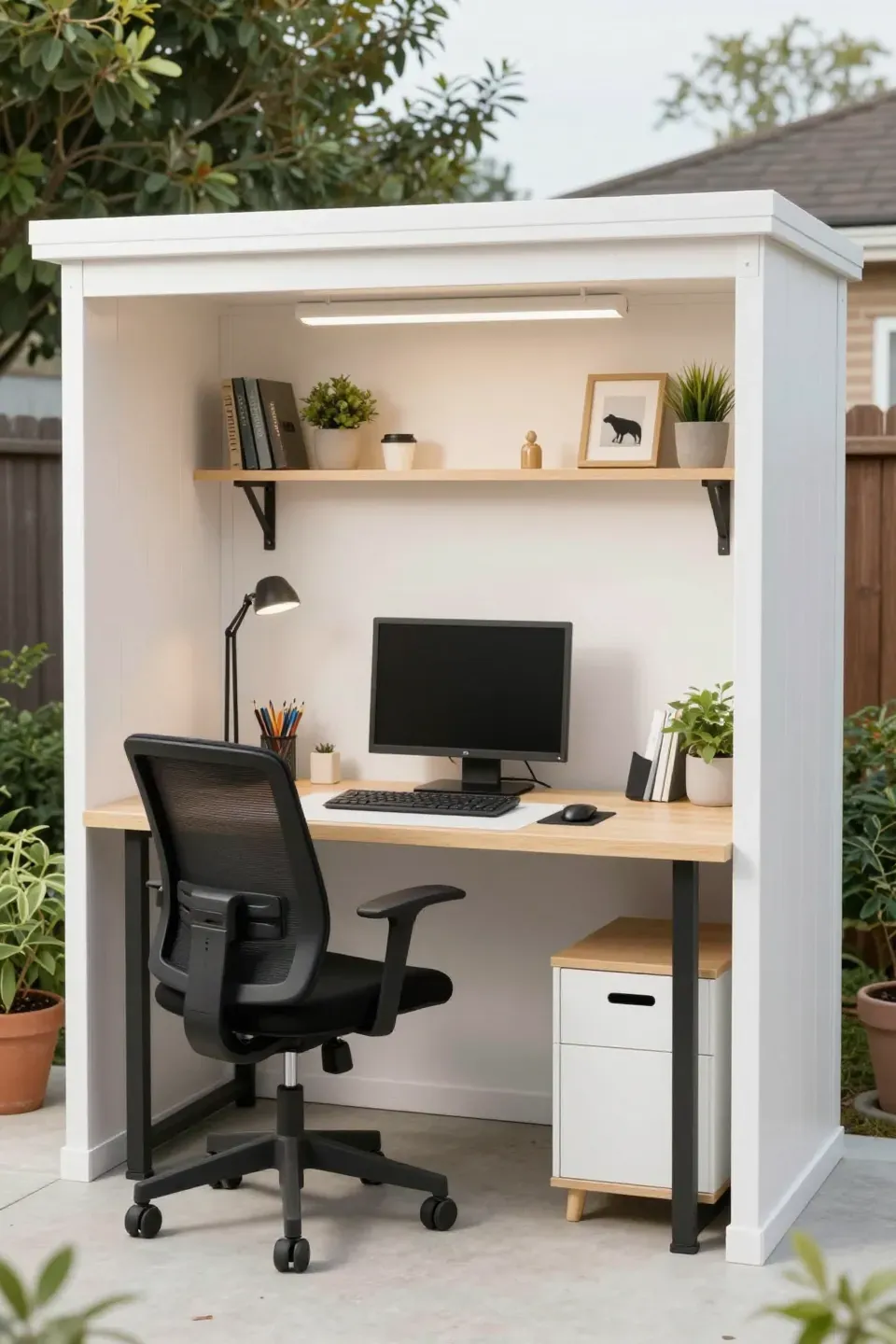 Small shed transformed into a functional office with organized workspace.