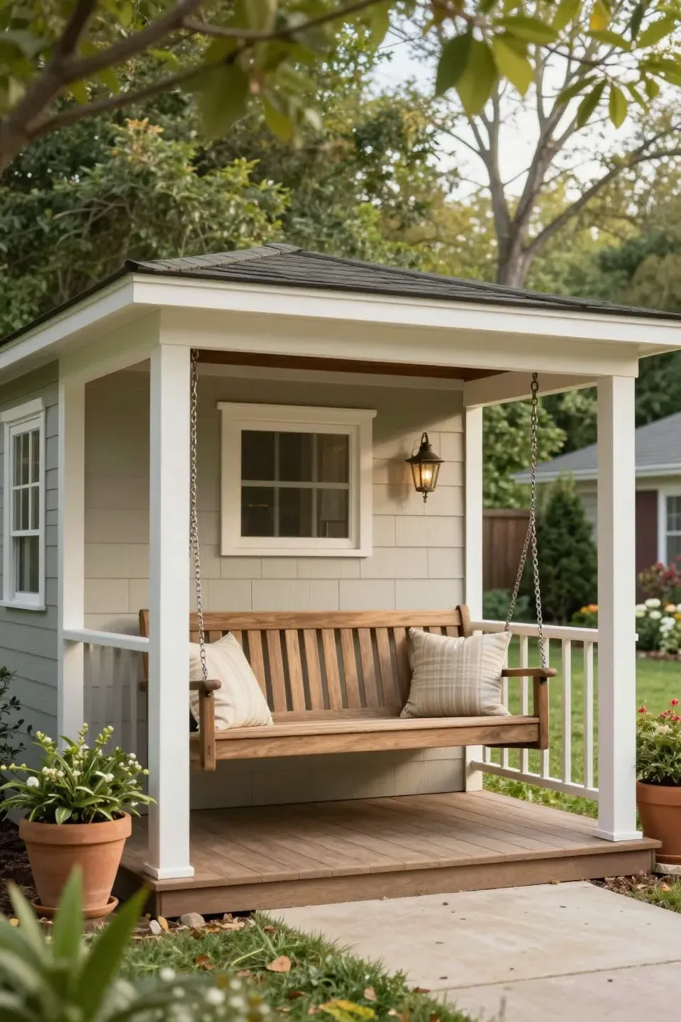 Charming she shed with a porch and swinging bench in a tranquil backyard.