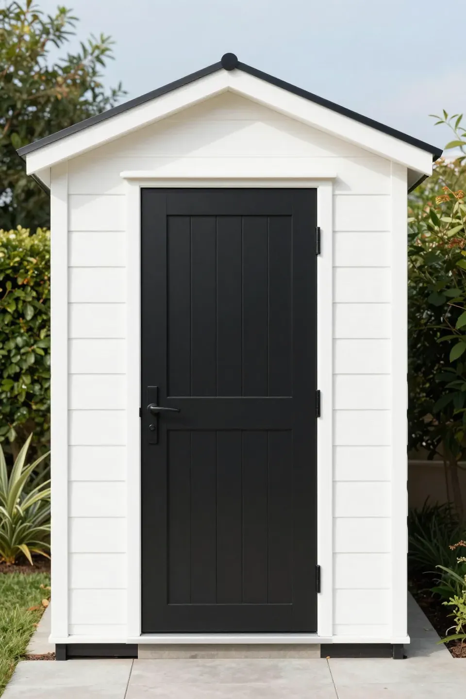 Chic white shed featuring a modern black door in a manicured garden.