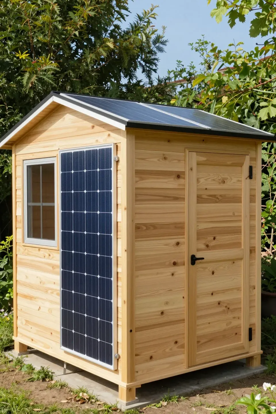 Eco-friendly shed with solar panels surrounded by greenery.