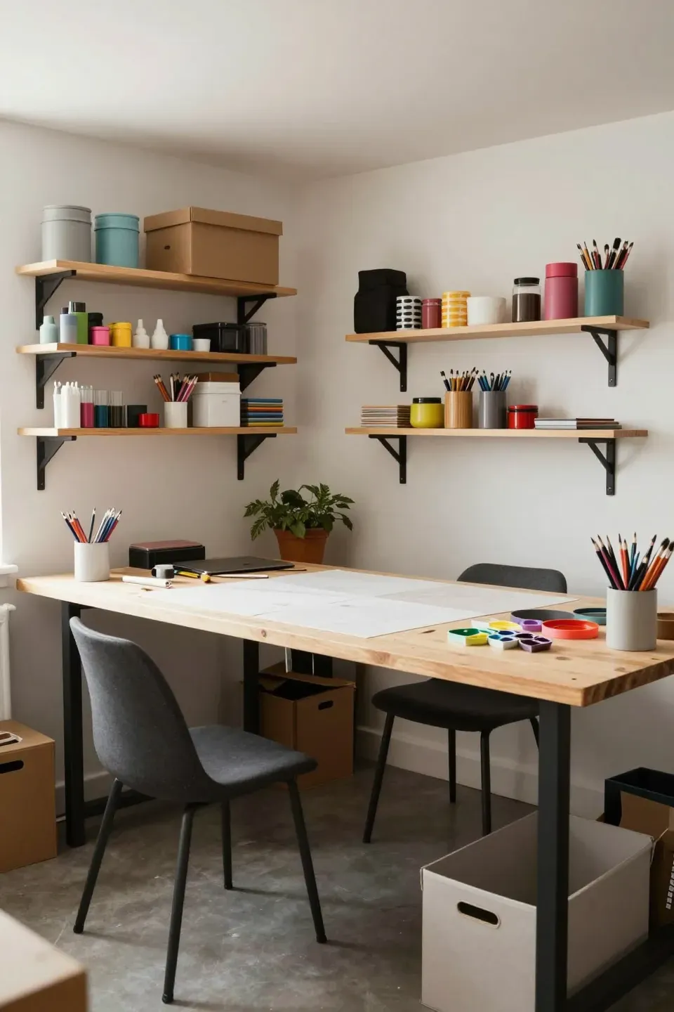 Shed transformed into a craft room with ample storage and workspace.