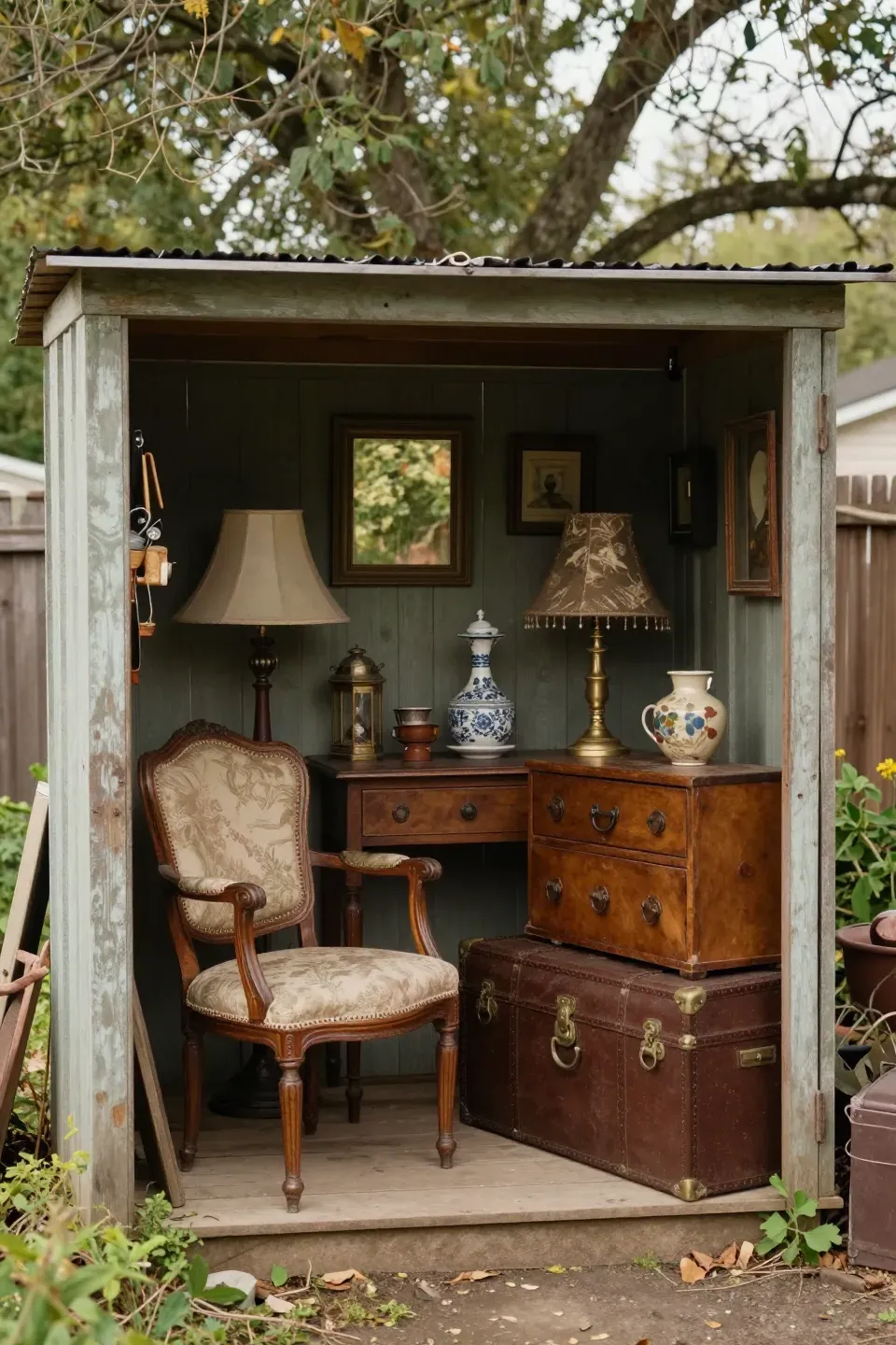 Vintage shed filled with antique furniture and decor exuding charm.