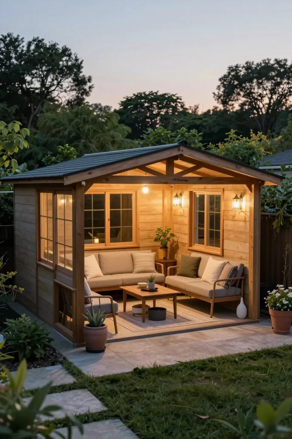 She shed with a patio area for outdoor relaxation in a lush garden.