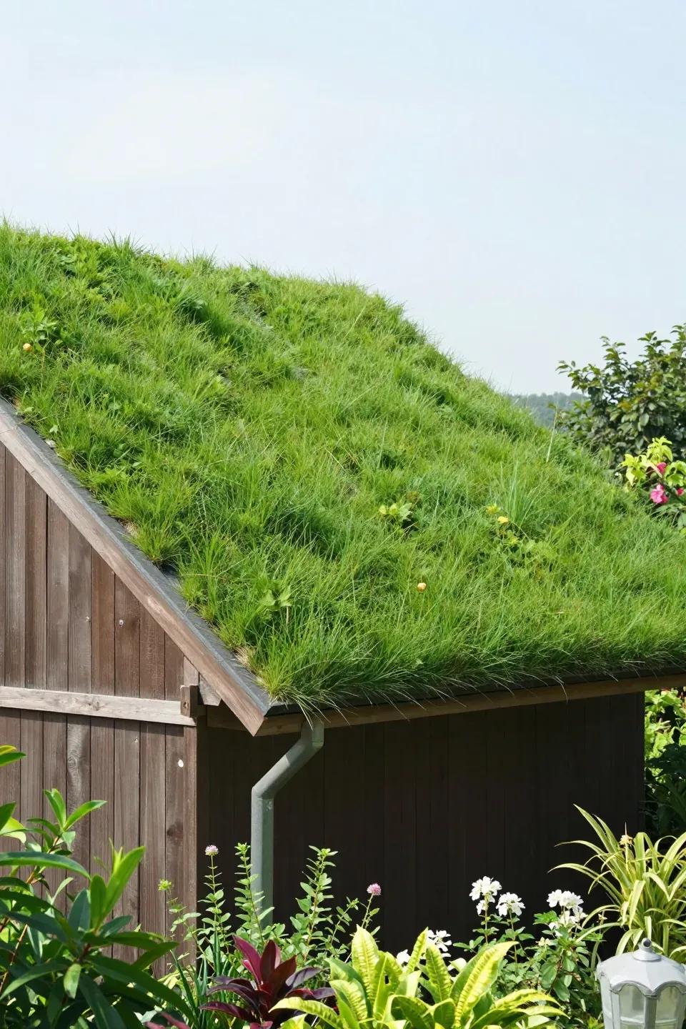 Shed with a green roof blending into the surrounding landscape.