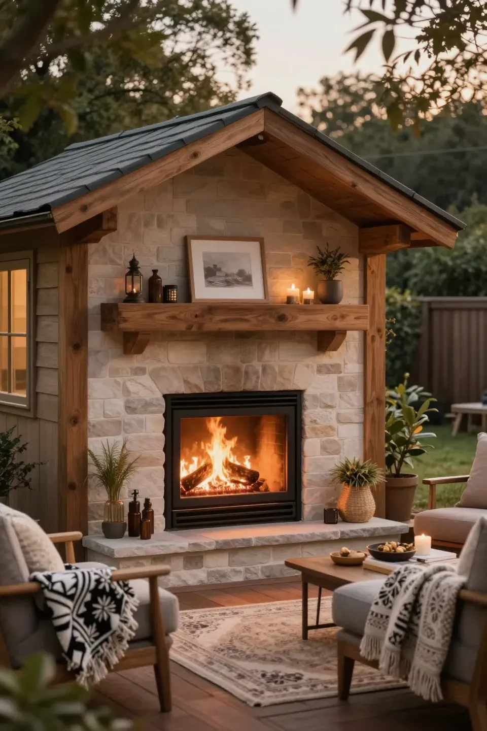 Shed with a cozy fireplace creating a warm atmosphere for relaxation.