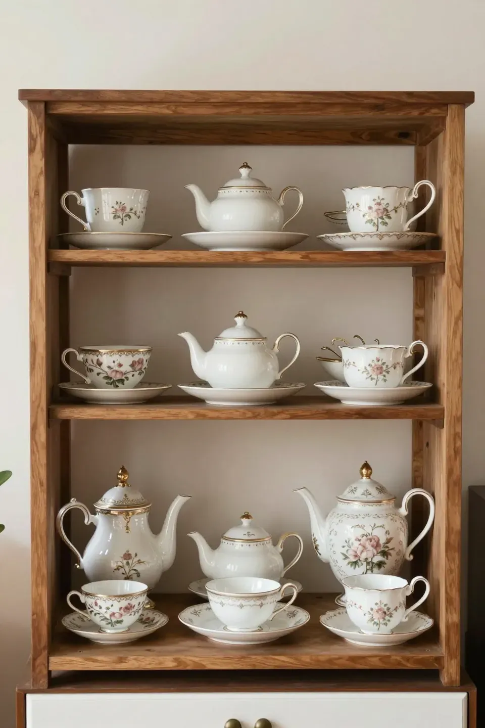 She shed featuring a vintage tea set display and cozy tea station.