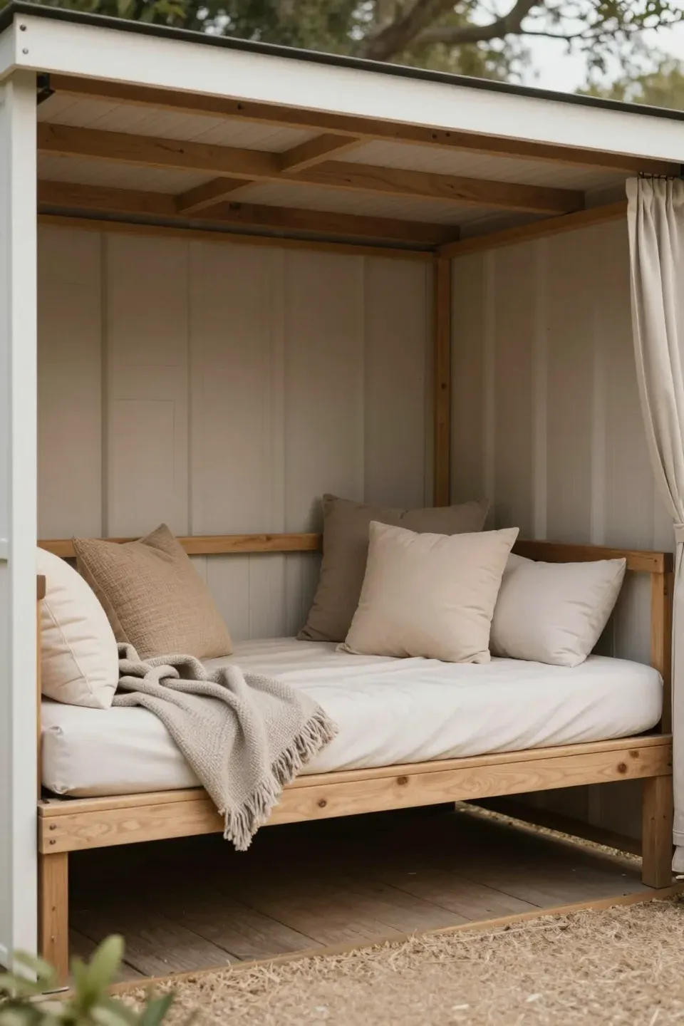 Shed with a built-in daybed providing a cozy relaxation space.