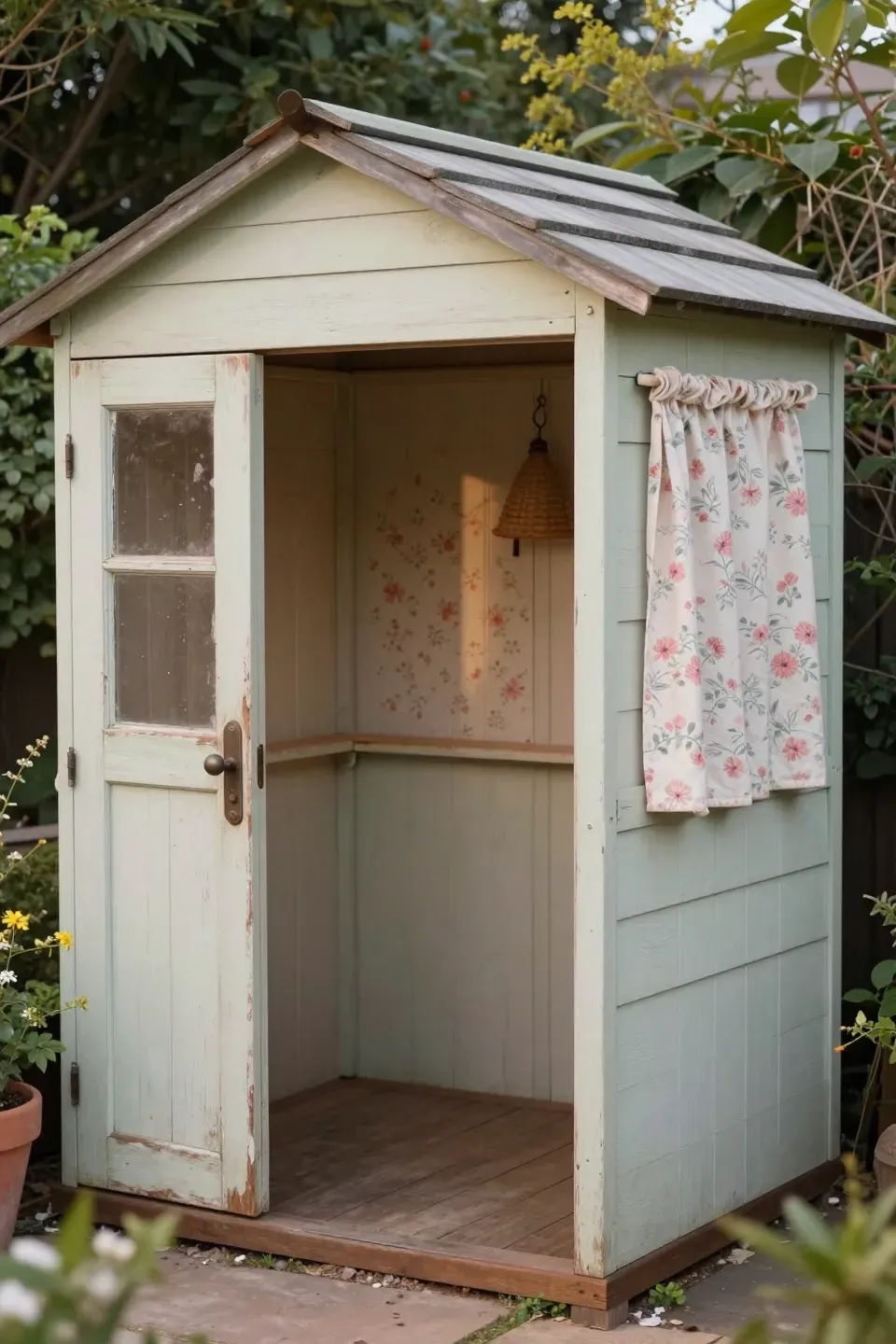 Charming shed with shabby chic decor and floral patterns.