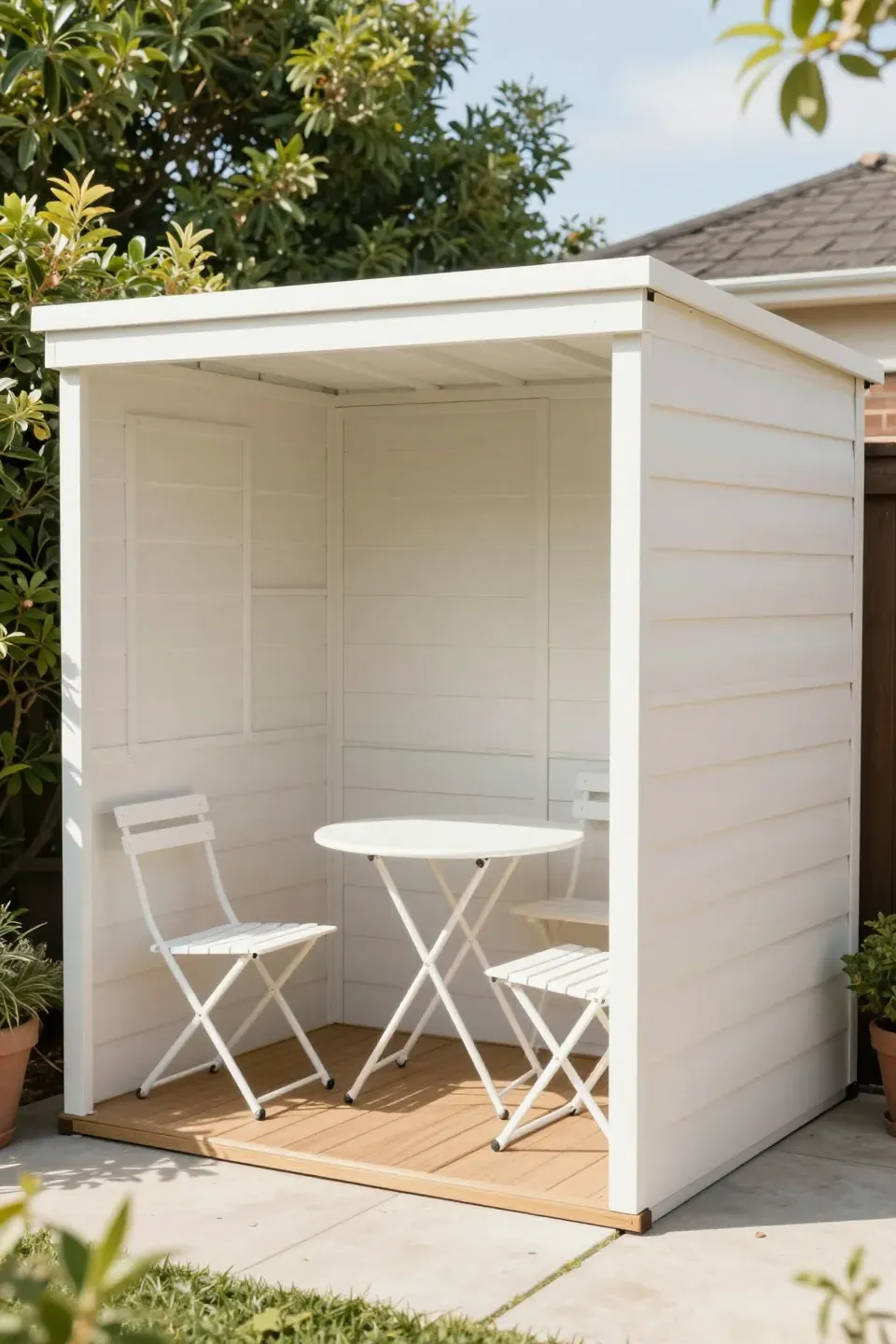 Small shed featuring foldable furniture for versatile activities.