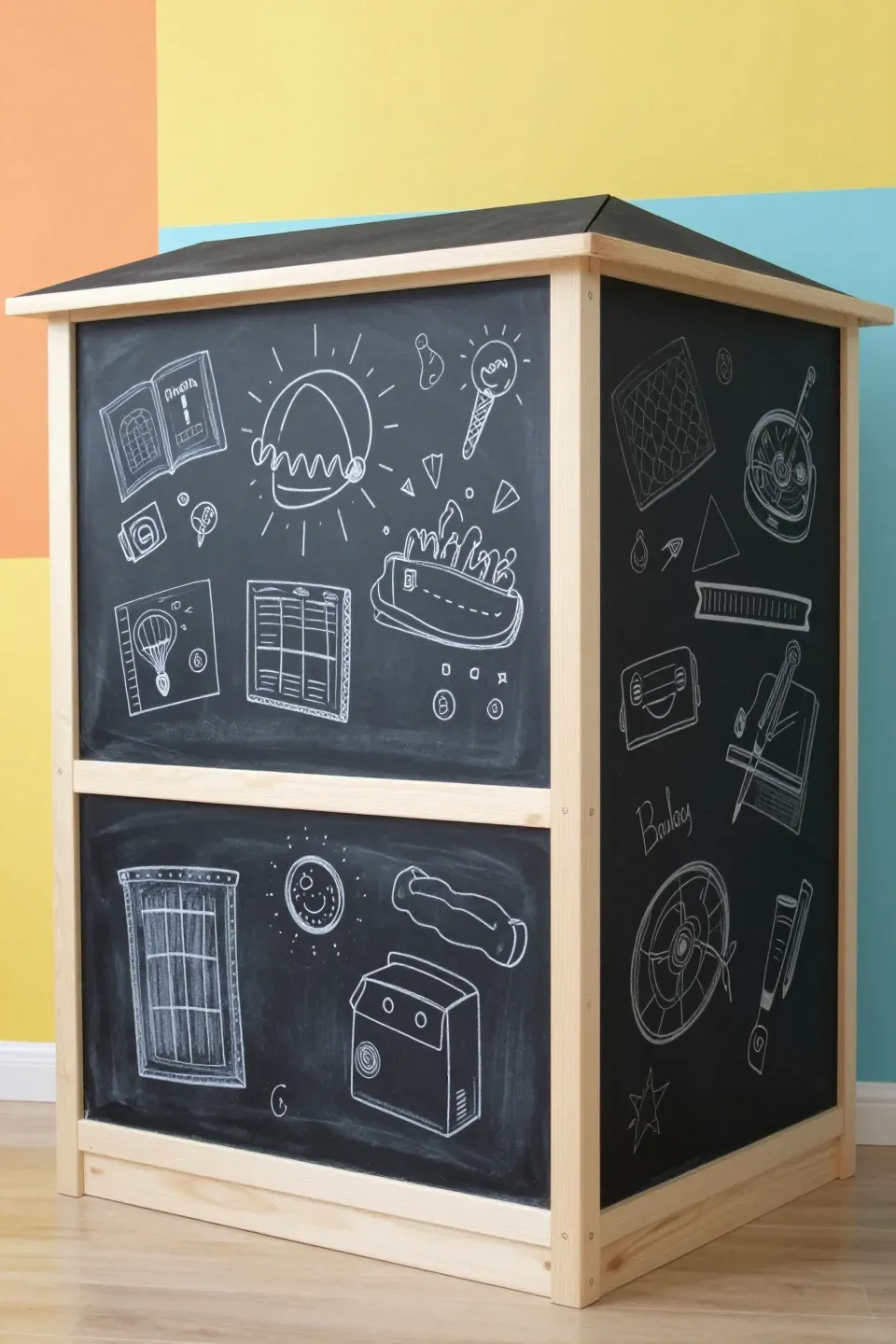 She shed featuring a chalkboard wall inspiring creativity and ideas.