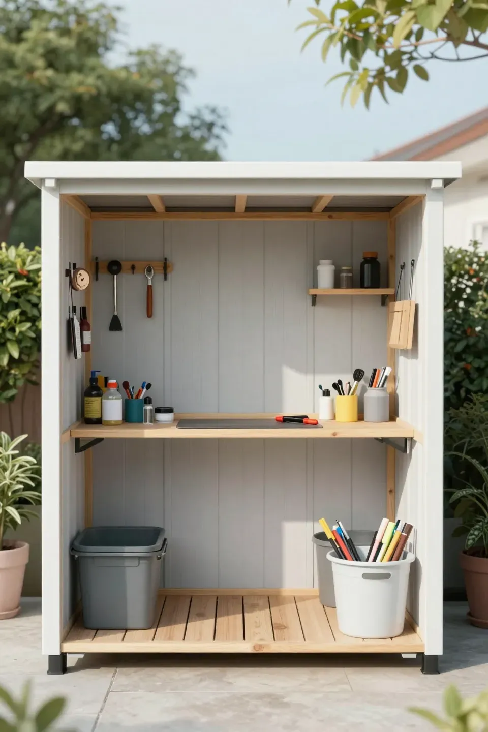Functional shed designed with a workspace for various hobbies.