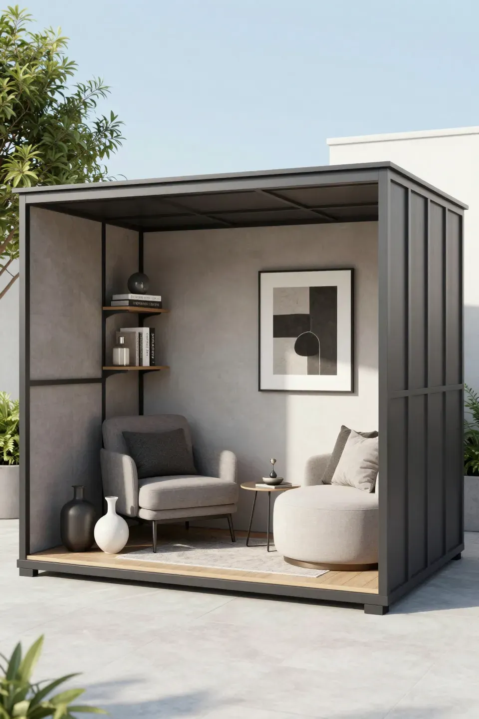Chic shed featuring modern furniture and stylish accessories.