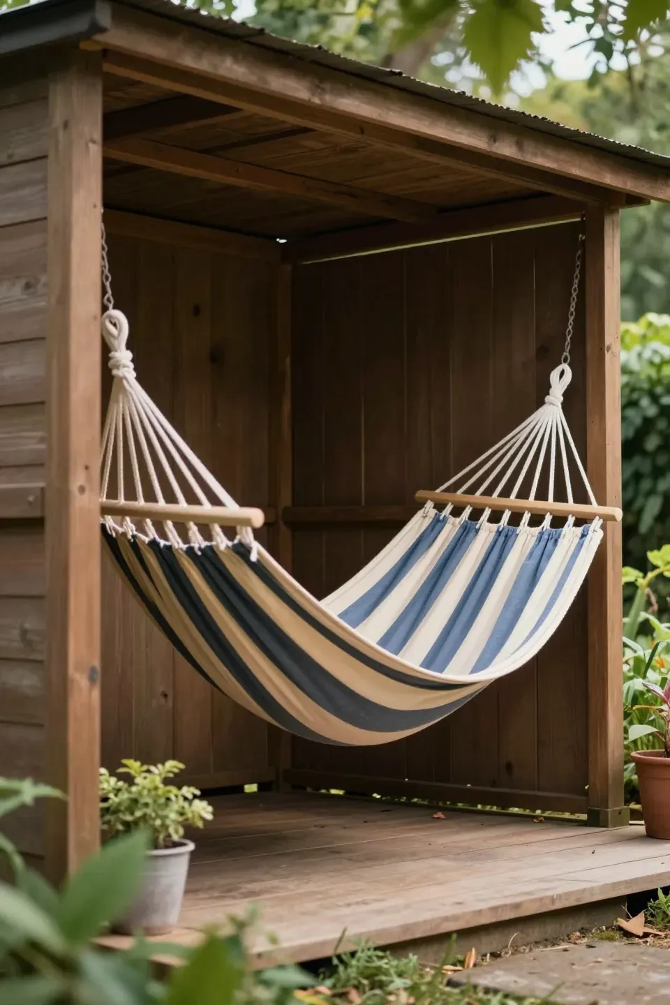Shed featuring a relaxing hammock perfect for afternoon lounging.
