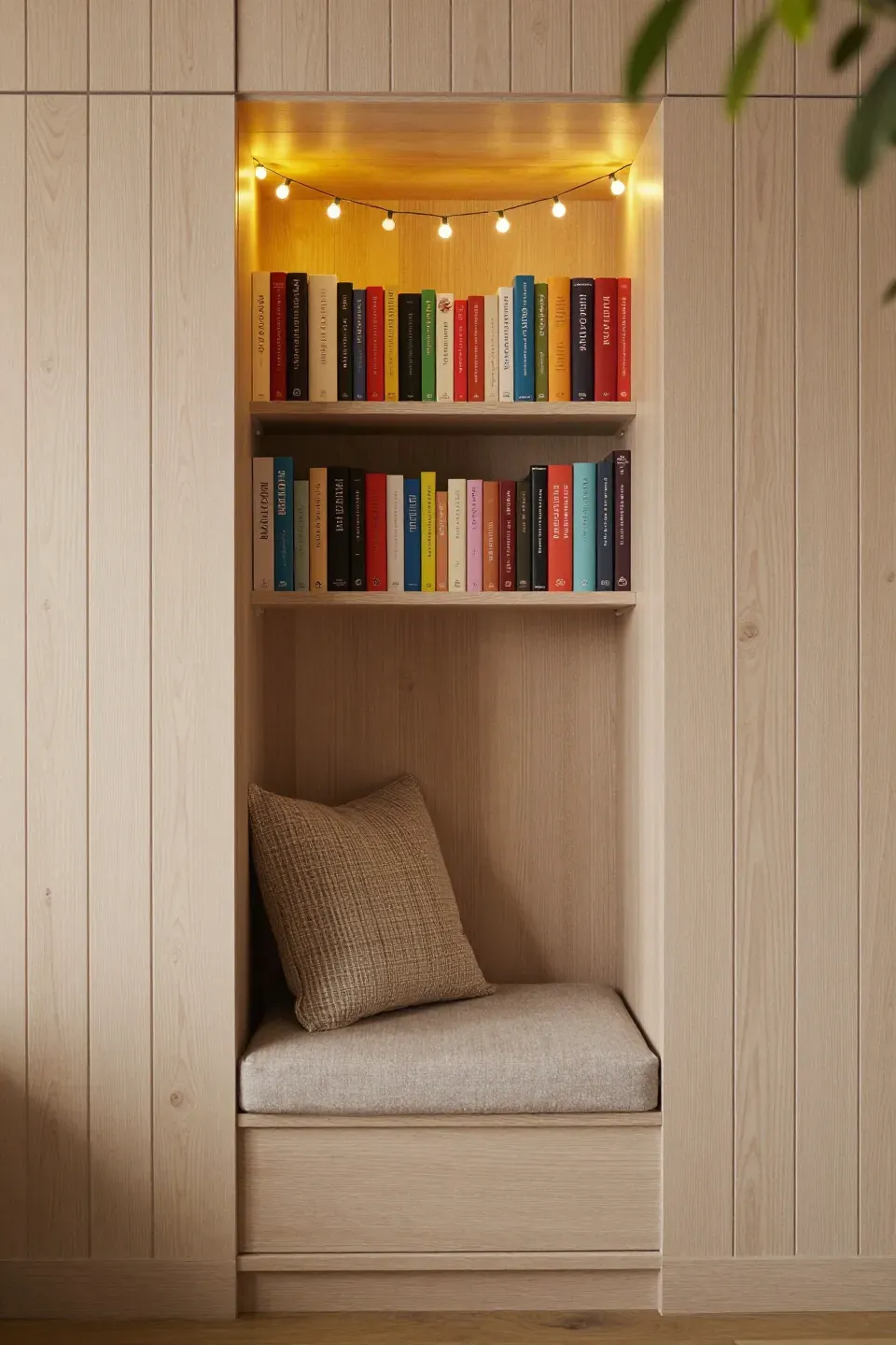 A cozy closet book nook with shelves of books and fairy lights.