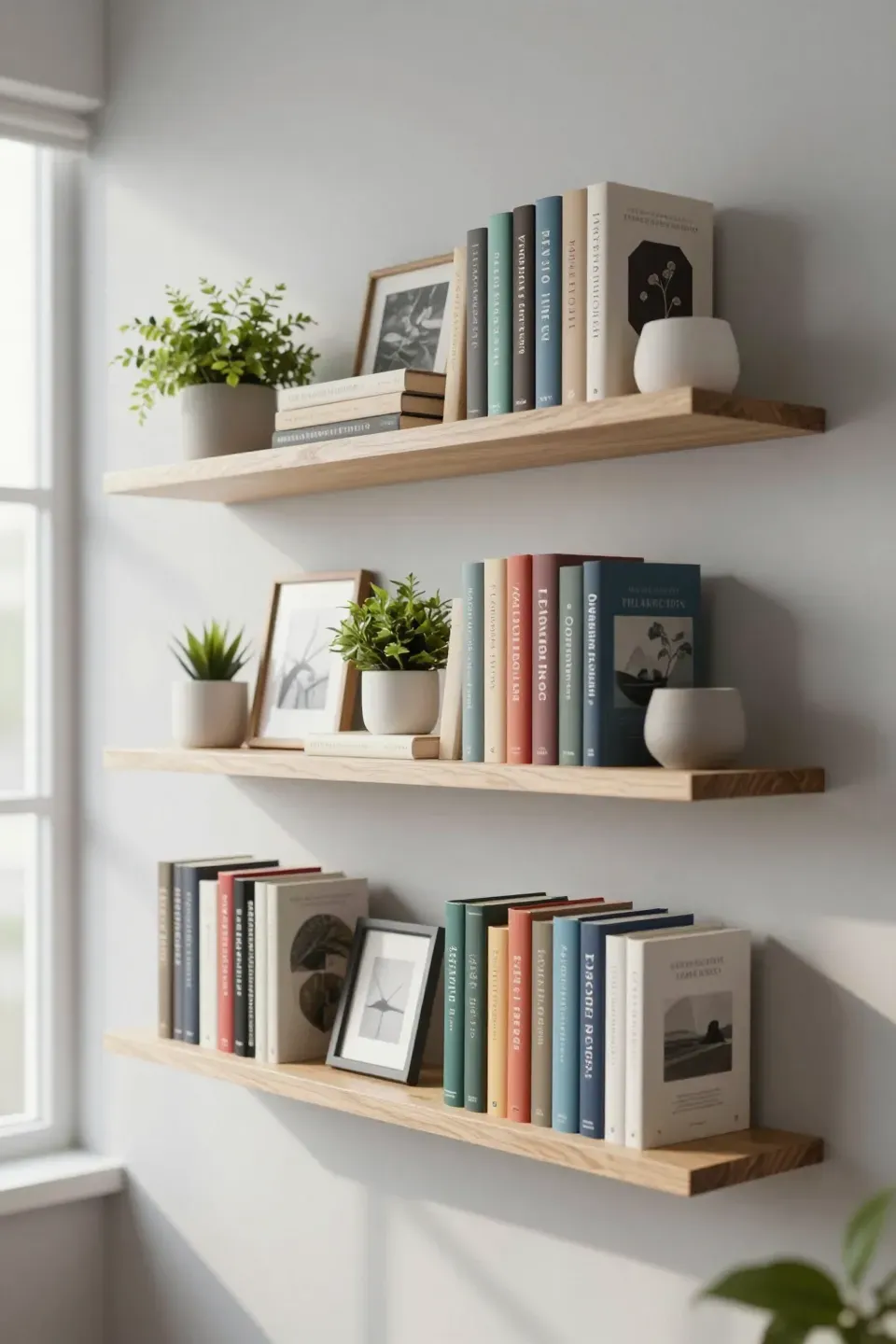 Minimalist floating shelves with organized books and decorative items.