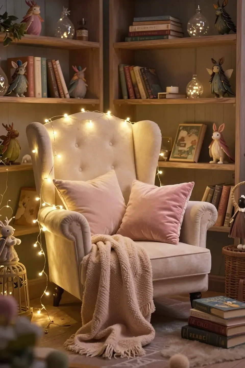 A fairy-themed reading nook with twinkling lights and soft decor.