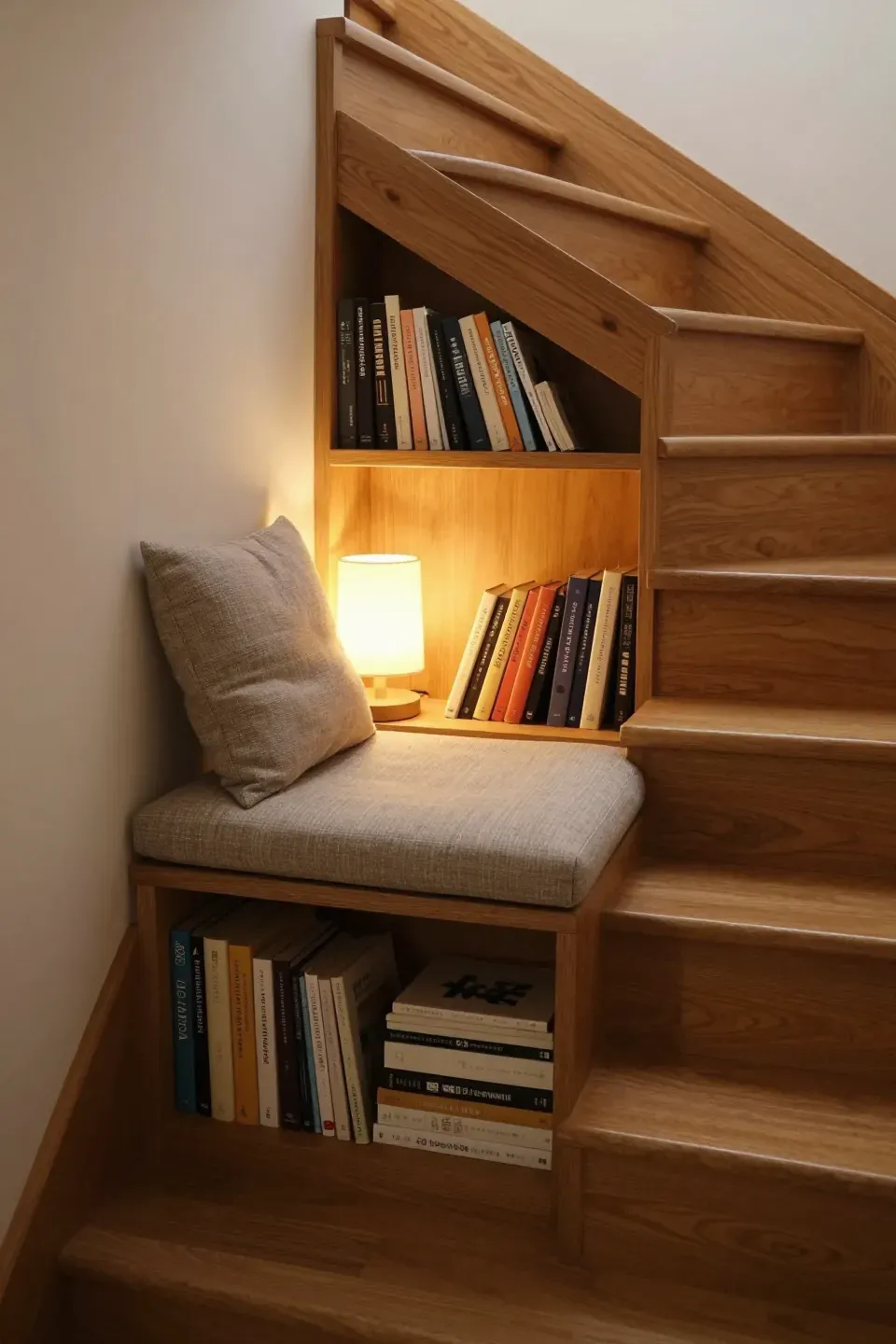 An under-stair book nook with built-in seating and warm lighting.
