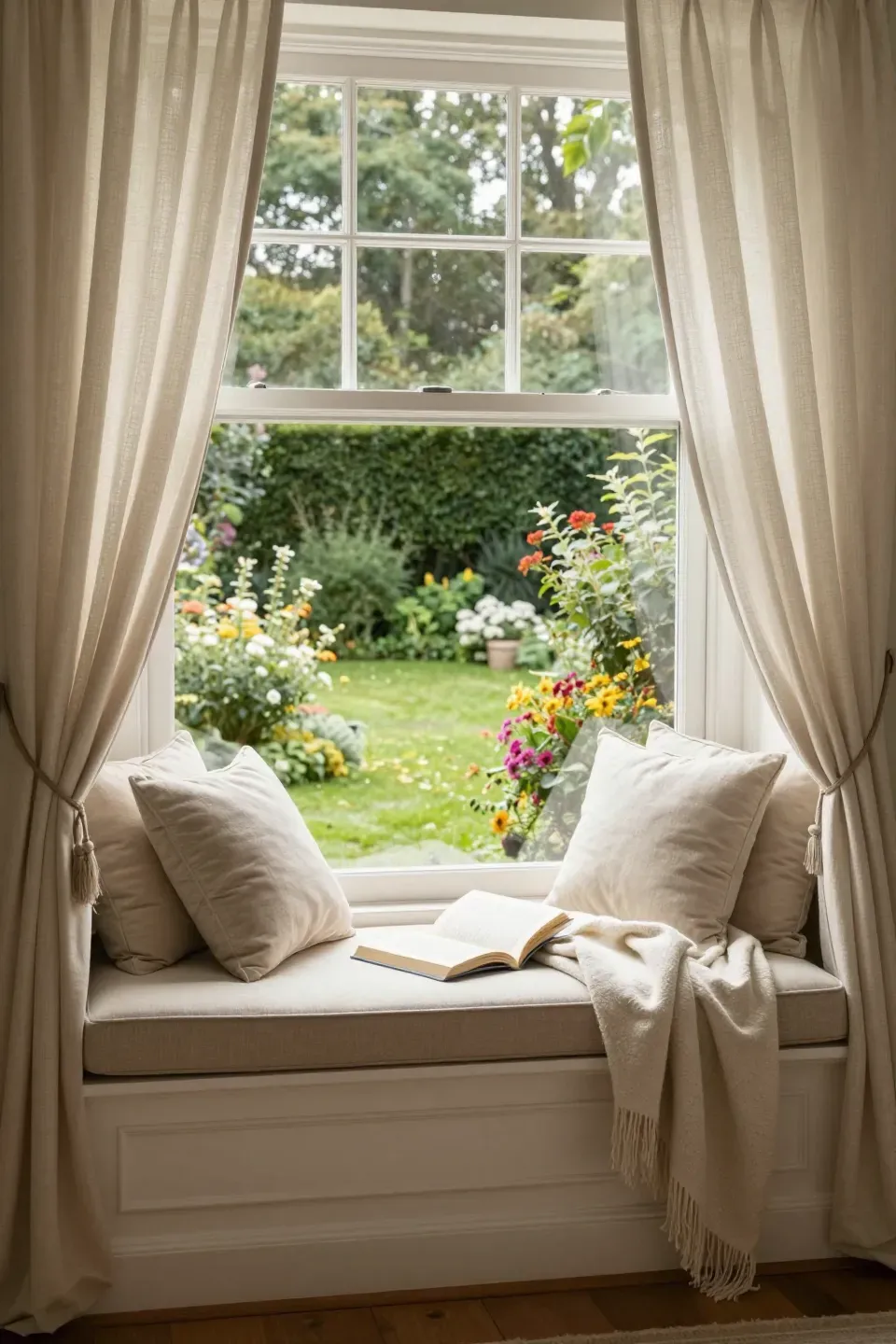 A reading nook with a comfortable window seat and outdoor view.
