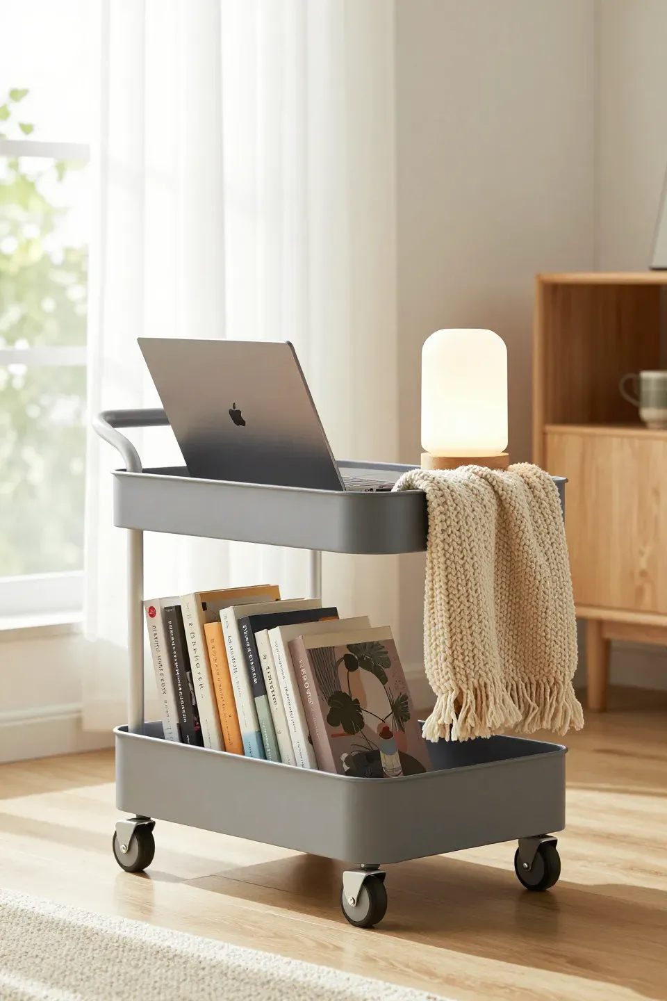 A rolling cart set up as a portable book nook with cozy items.
