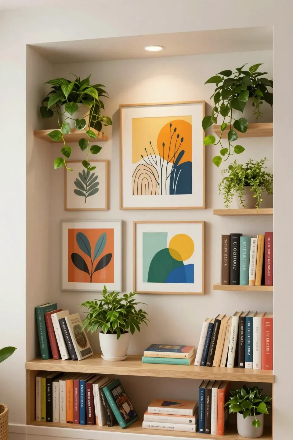 A book nook decorated with art and plants for an inviting atmosphere.