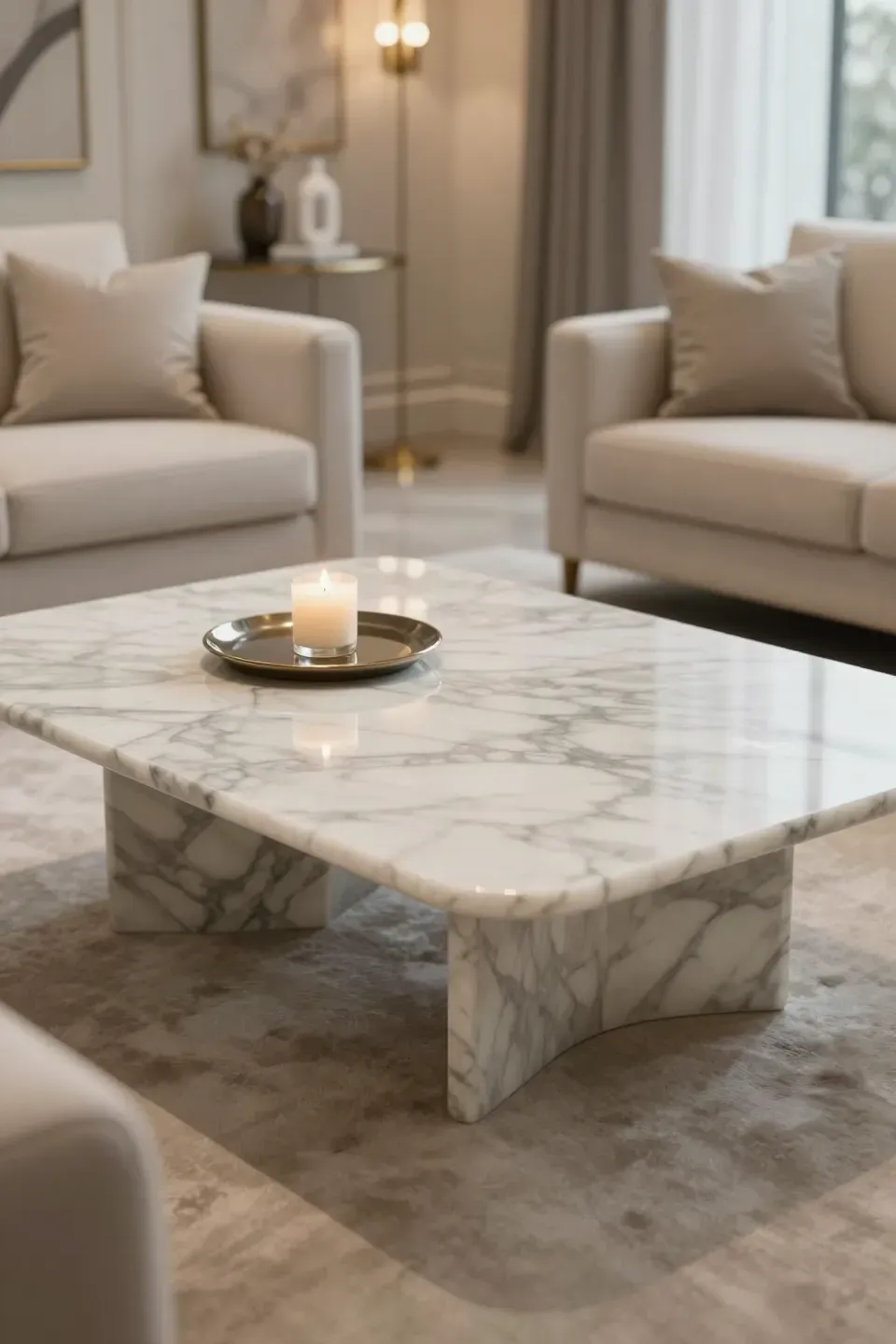 A luxurious marble top coffee table in a sophisticated living room.