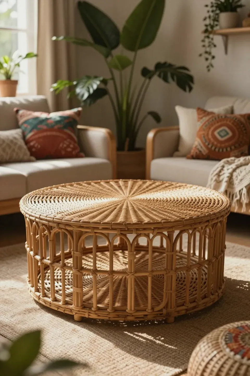 A round rattan coffee table in a cozy bohemian living room.