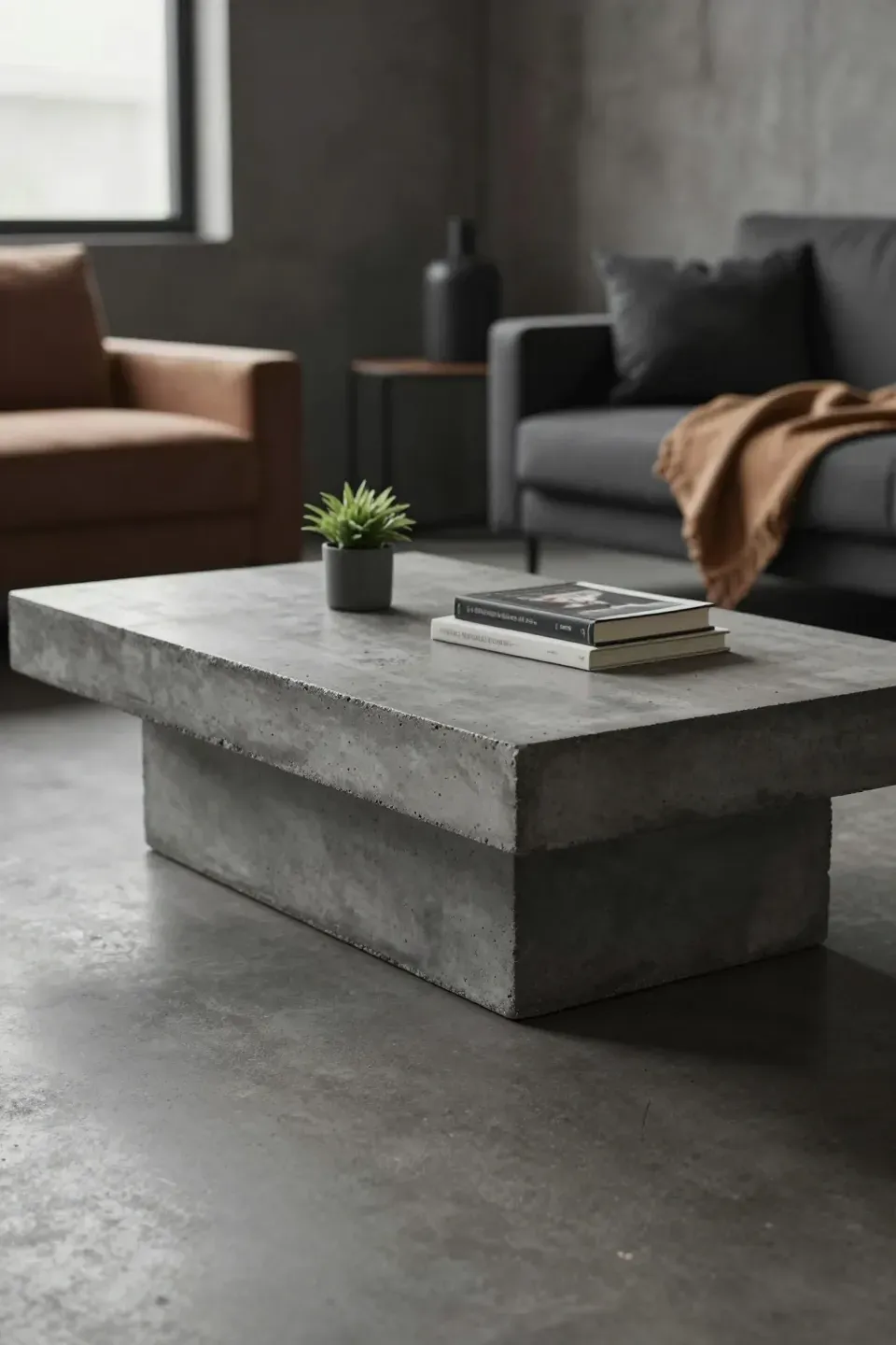 A bold concrete coffee table in an industrial-style living room.