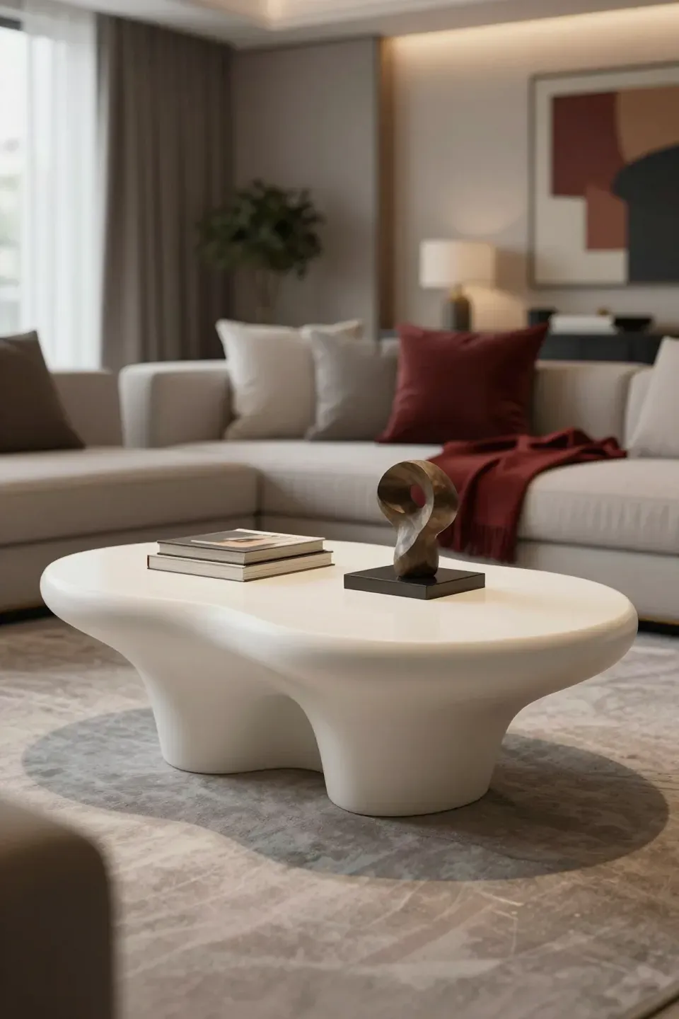 A sculptural coffee table as an art piece in a modern living room.