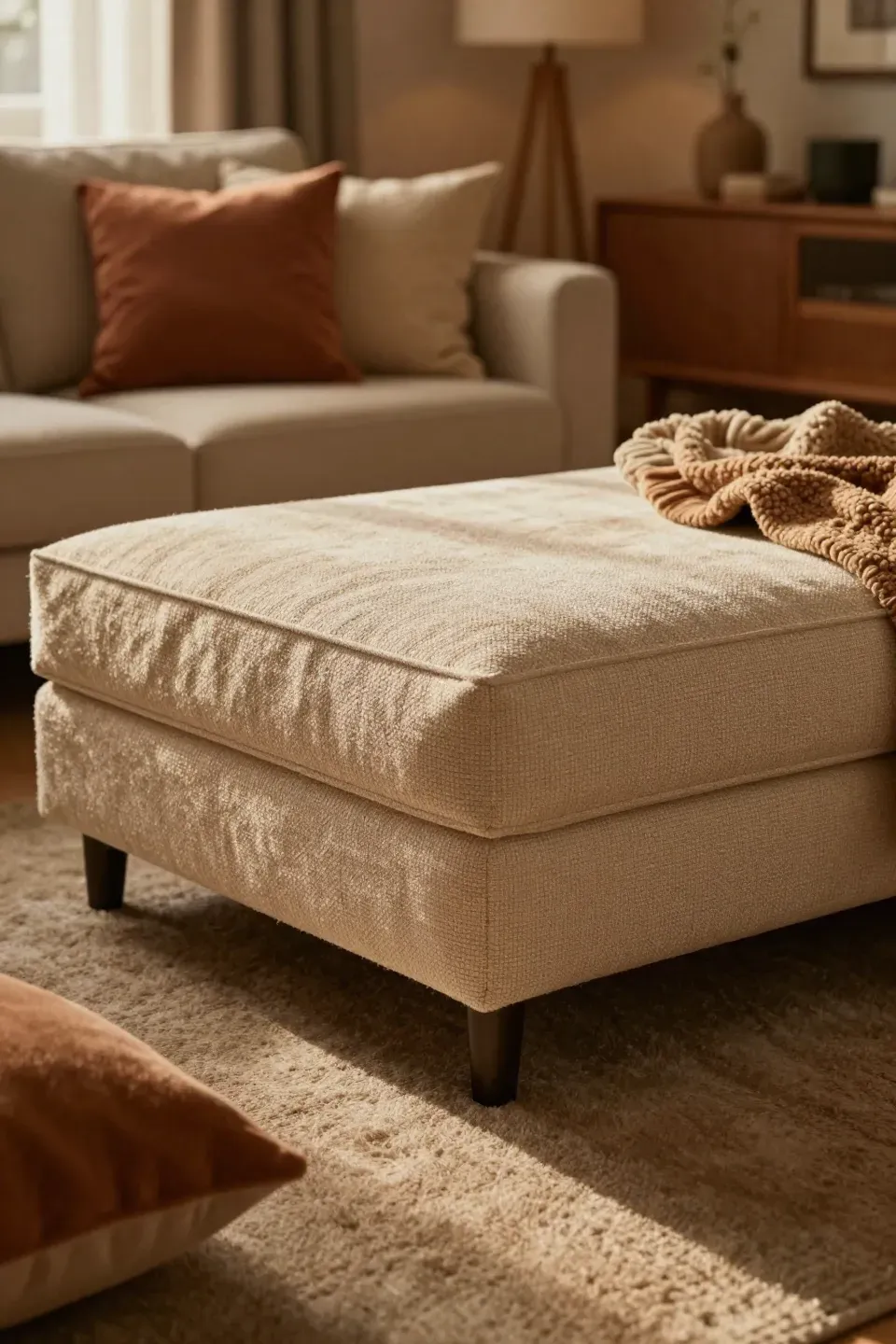 A textured fabric upholstered coffee table in a cozy living room.