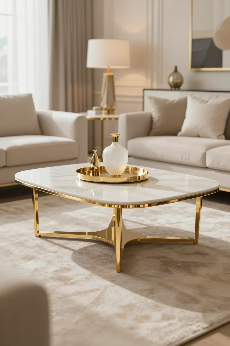 A luxury coffee table with gold accents in an elegant living room.