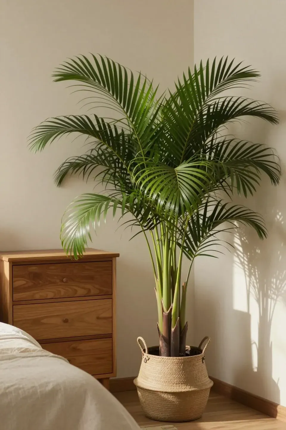 A tall indoor palm tree beside a dresser creating height and texture in a botanical bedroom.