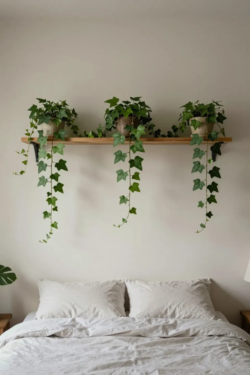 A bedroom headboard framed by a shelf with trailing ivy cascading downward.