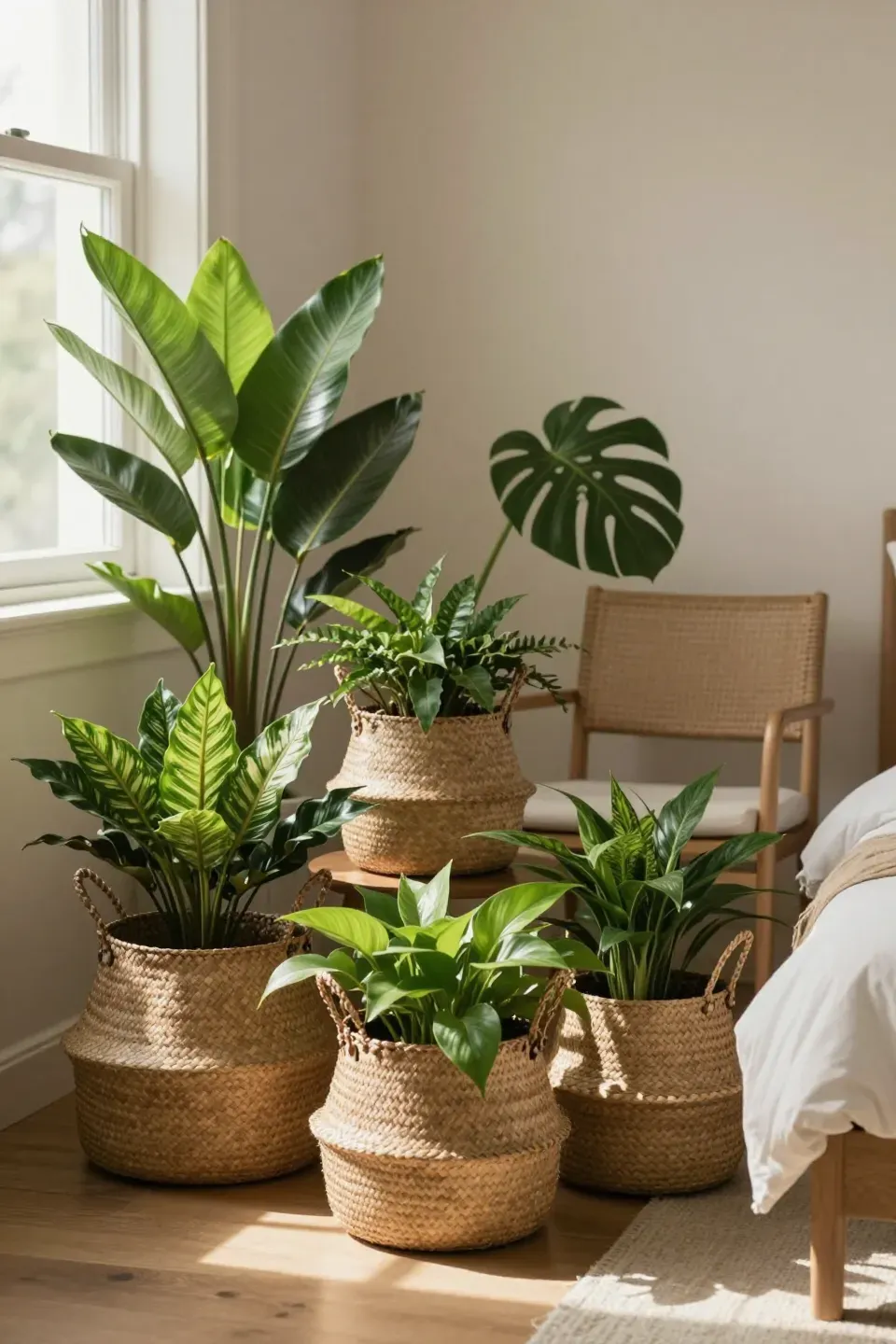Woven baskets on the floor holding leafy green plants in a cozy bedroom corner.