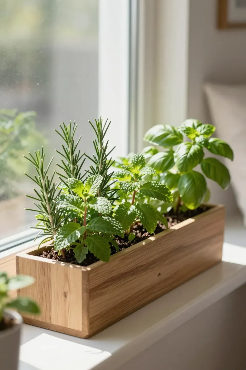 A planter box of herbs like rosemary and basil resting on a bright bedroom windowsill.
