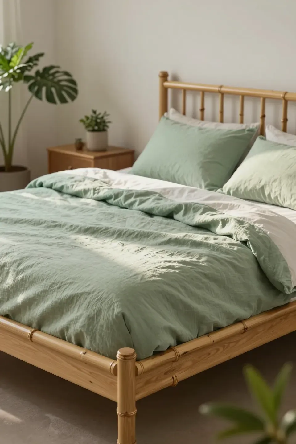 A bamboo bed frame with soft green bedding creating a calm, nature-inspired bedroom.
