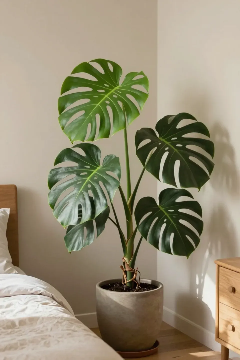 A large monstera plant in a corner pot adding sculptural greenery to a bedroom.