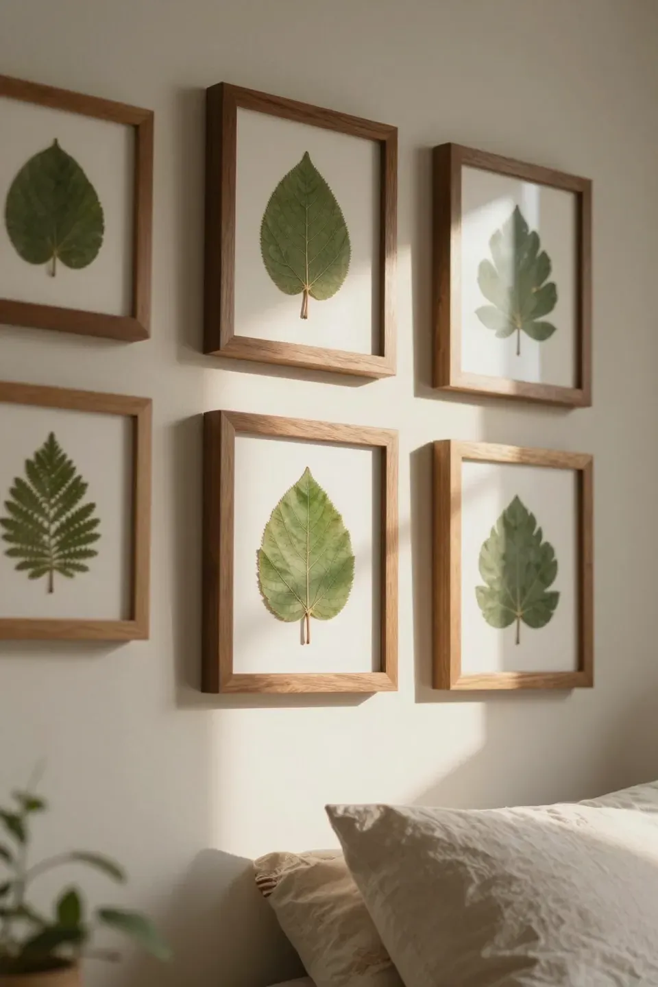 Pressed leaf artwork in wooden frames hanging on a soft neutral bedroom wall.