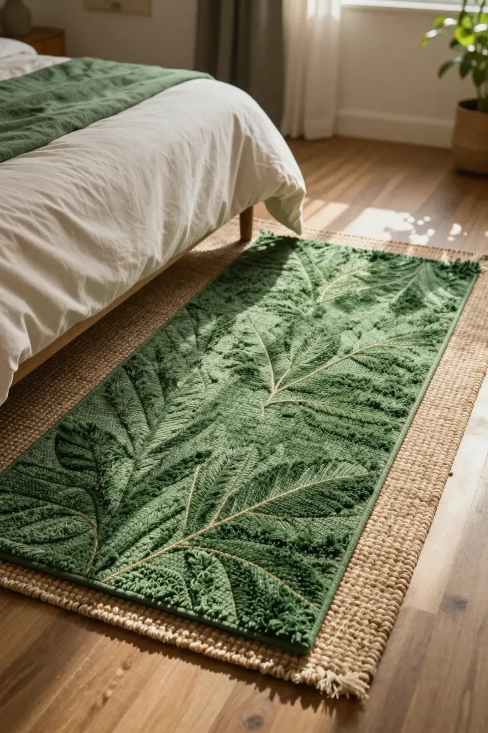 Natural jute rug layered with a smaller green throw rug beneath a bed in a botanical bedroom.