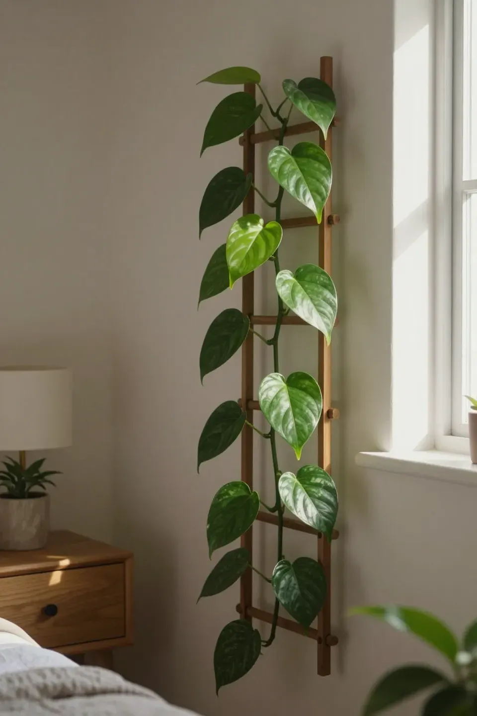 Indoor trellis with climbing vines placed near a softly lit bedroom window.