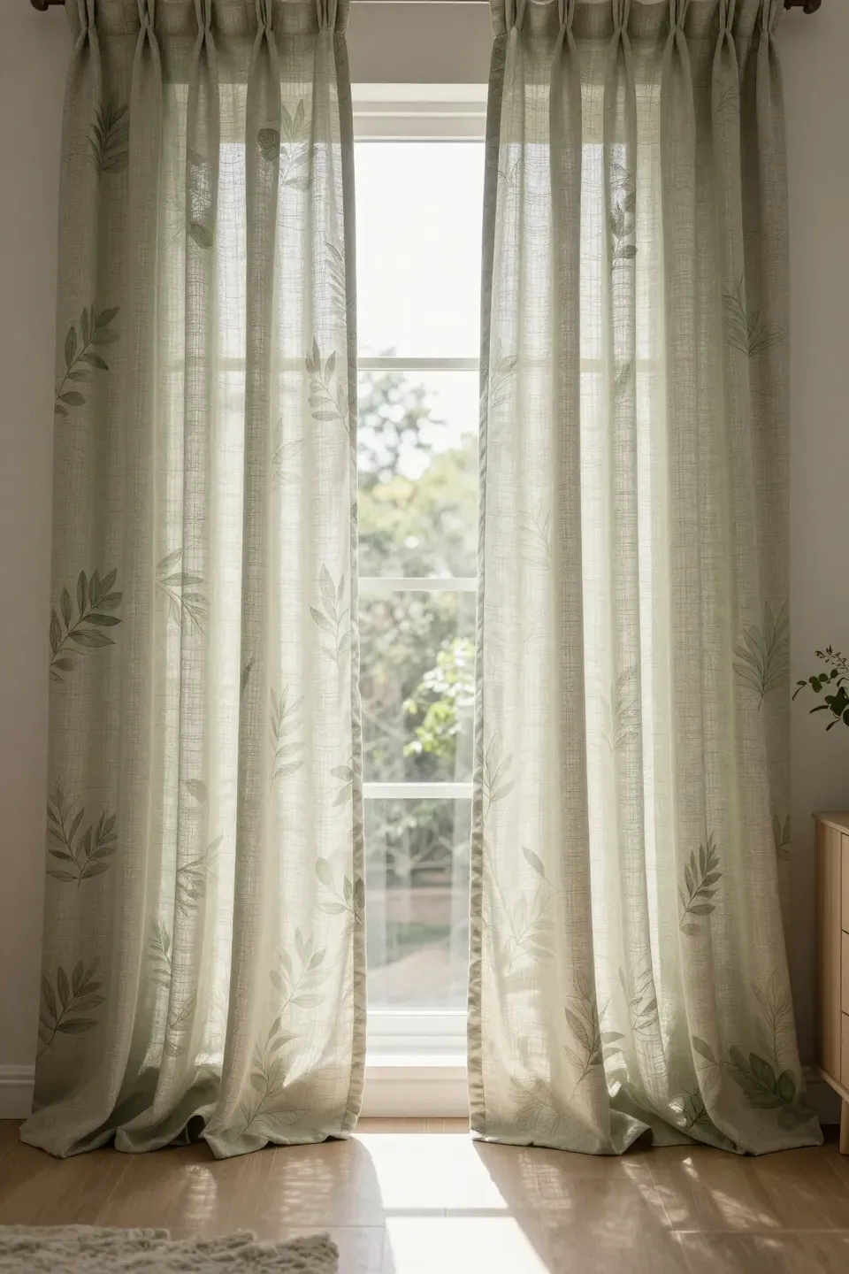 Light-filtering leaf-patterned curtains in earthy tones softly framing a bedroom window.
