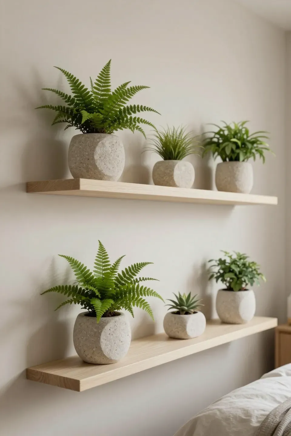 Minimalist stone planters with small green plants arranged on floating shelves in a bedroom.