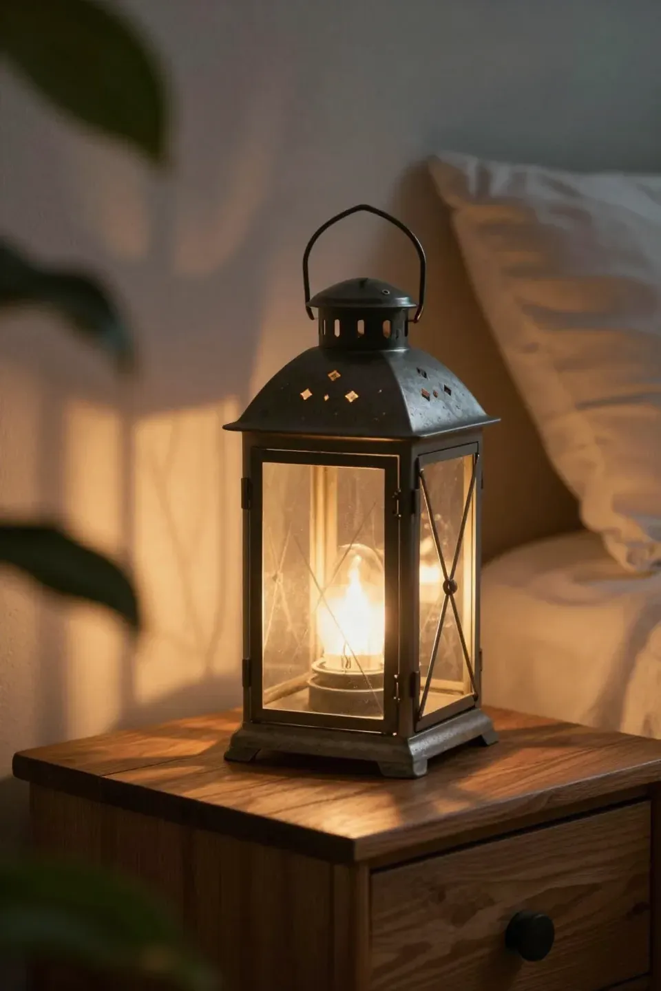 Garden-style lantern glowing warmly on a bedside table in a botanical bedroom.