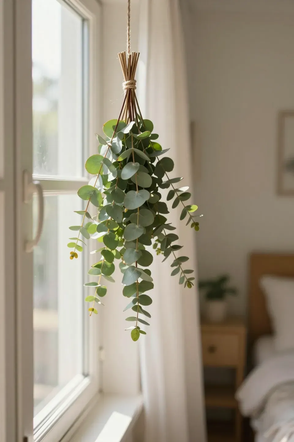 Eucalyptus bundle hanging beside a sunlit bedroom window in a botanical-inspired space.