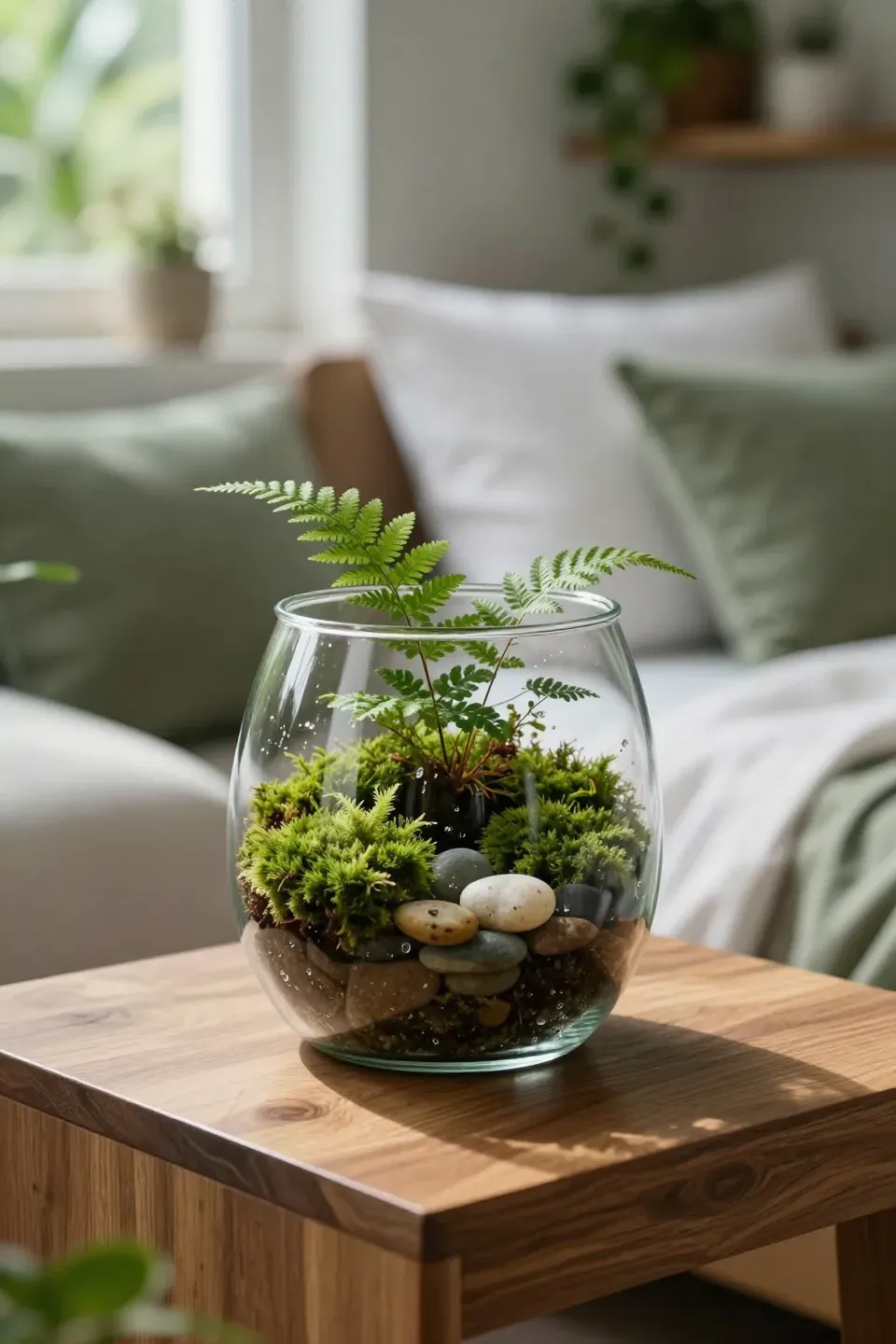 Small glass terrarium with moss and ferns on a wooden bedside table in a botanical bedroom.