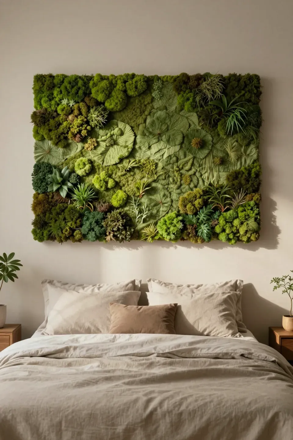 Large moss-inspired wall art mounted above a bed in a botanical-themed bedroom.