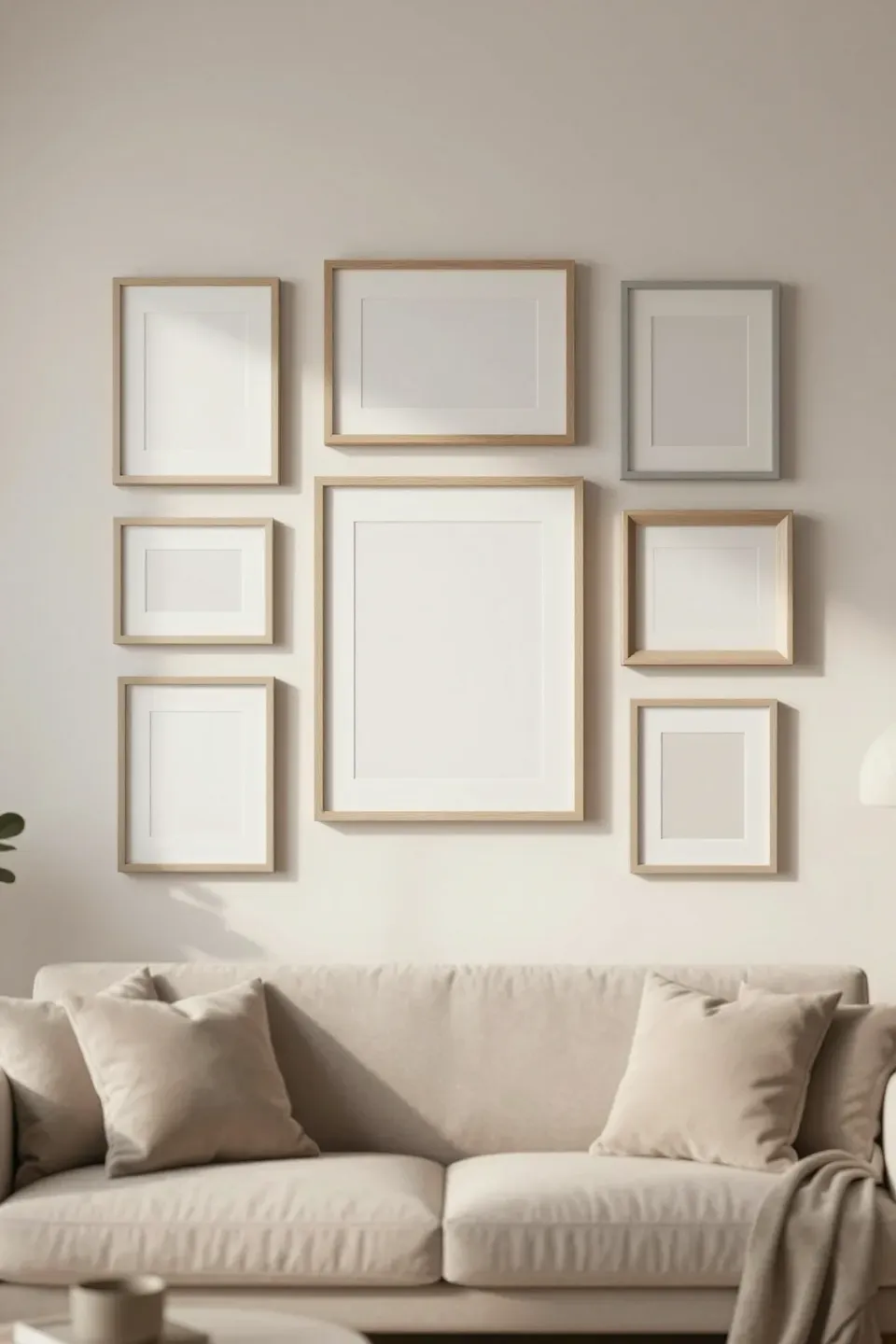 Asymmetrical neutral-toned gallery wall arranged in soft beige, cream, and gray frames above a calm living room setting.