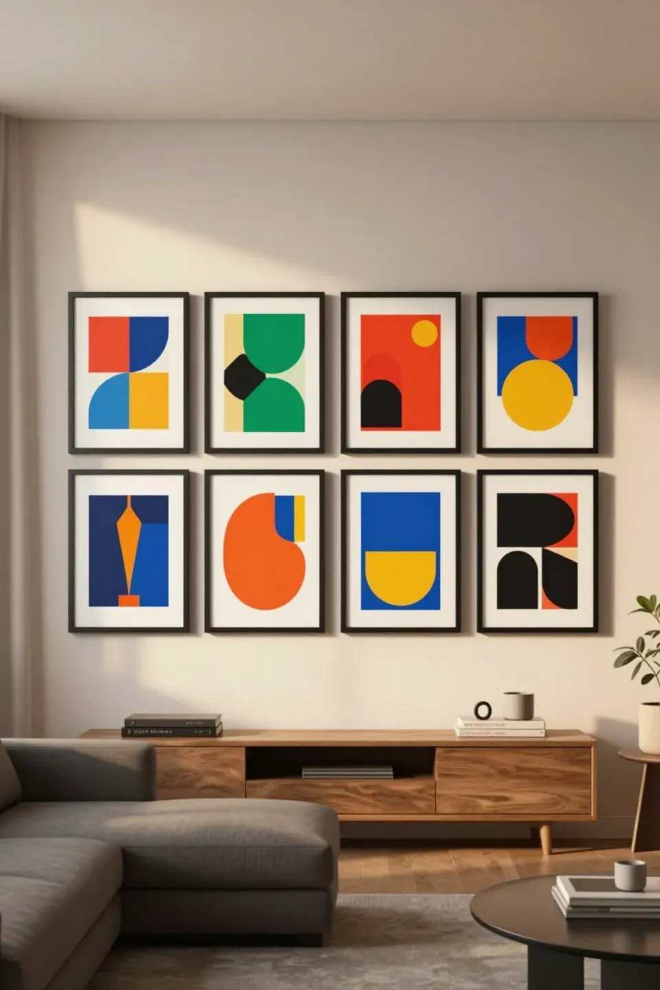Modern living room gallery wall with evenly spaced black frames showcasing bright contemporary prints.
