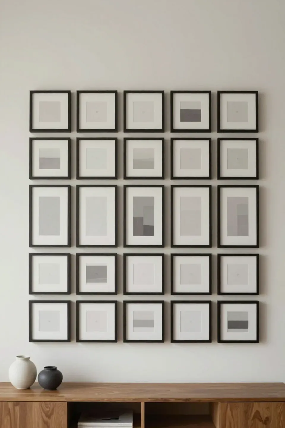 A living room wall featuring a precise grid of identical frames arranged with clean, even spacing.
